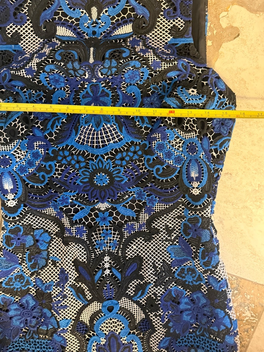 Badgley Mischka Blue Patterned Lace/Mesh Overlay Midi Sheath Dress - Picture 10 of 12